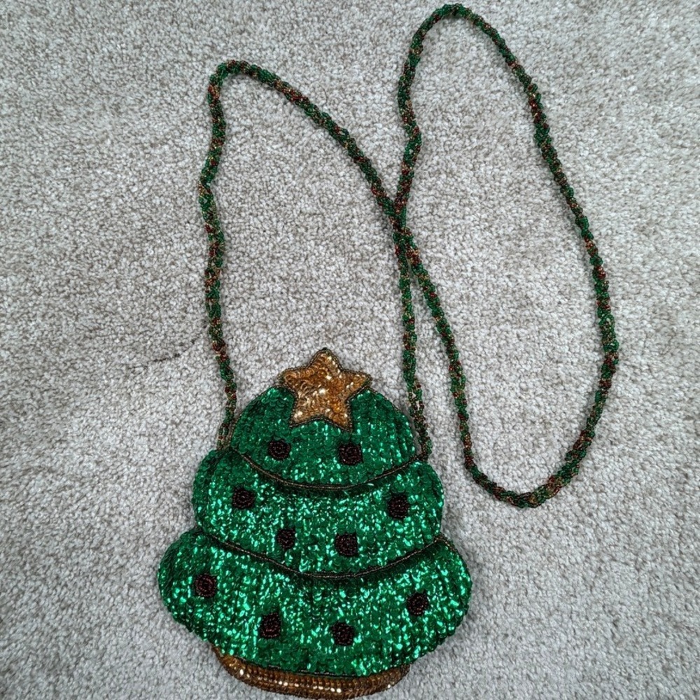 Quacker Factory Beaded Sequin Christmas Tree Crossbody Purse Handbag Christmas